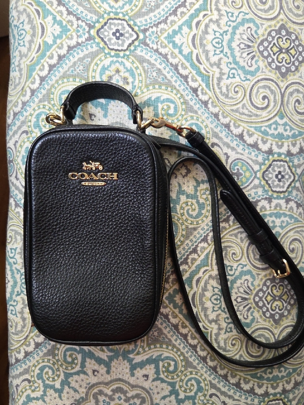 Coach Eva Black Pebbled Leather Mini Crossbody with Brass Hardware